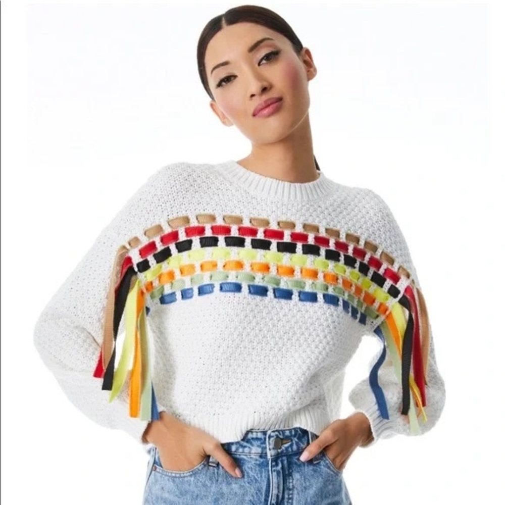 Alice + Olivia Claudette Ribbon Fringe Pullover Sweater
